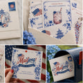 Collage of 'Mailjong!' stationery items with American flag and floral designs.