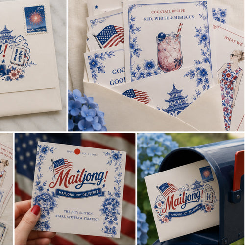 Collage of 'Mailjong!' stationery items with American flag and floral designs.